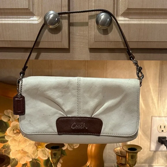 COACH Purse Wrist Clutch Snap Wallet Blue Lined Cream & Brown Leather - Picture 1 of 12